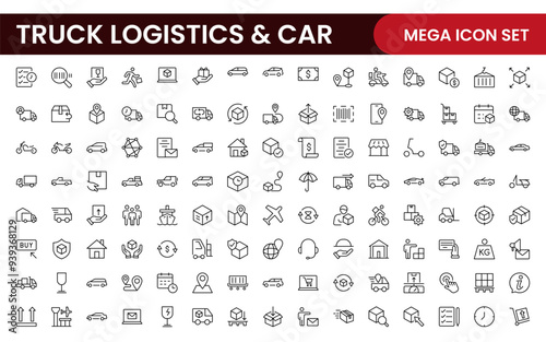 Truck Logistics and Car related modern icon set. Transportation editable line icon illustration collection