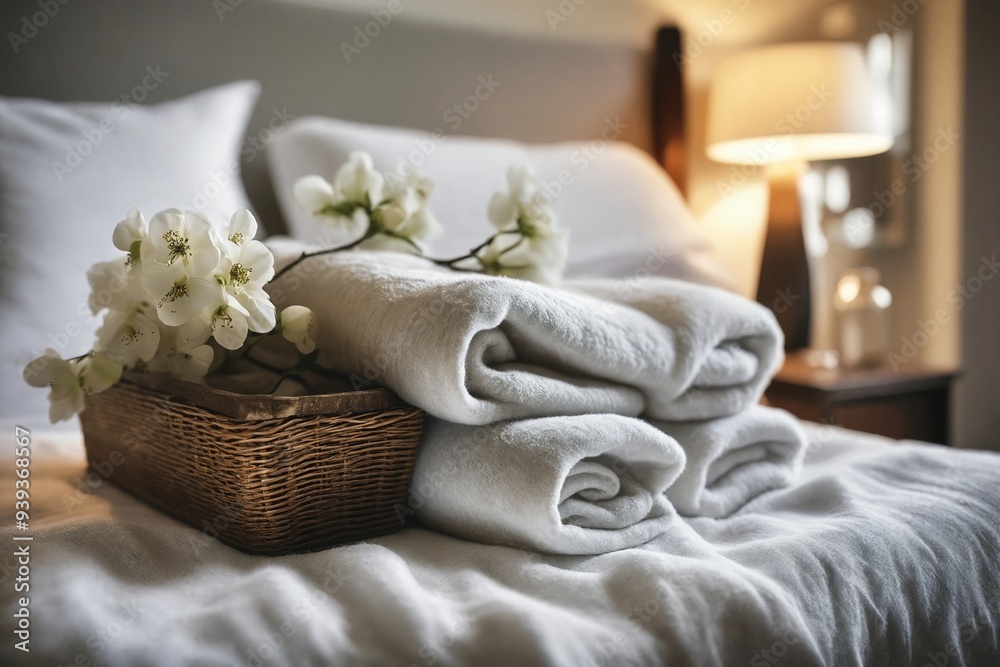 Fresh Towels on Bed with Flowers Fresh Towels on Bed with Flowers