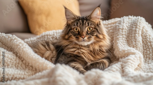 Maine Coon Cat on a Cozy Blanket