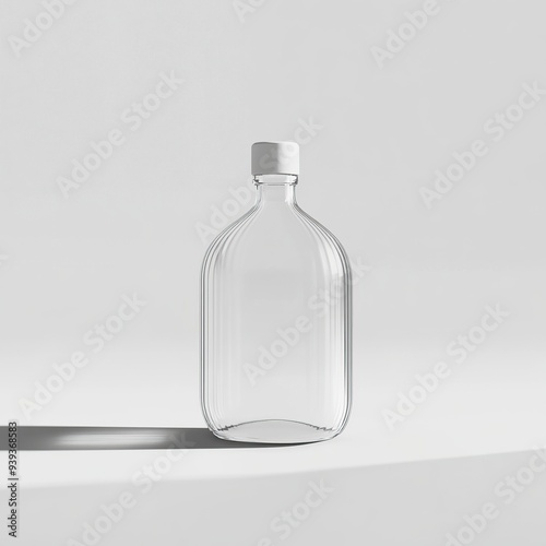 Clear glass bottle with a white lid on a white surface.