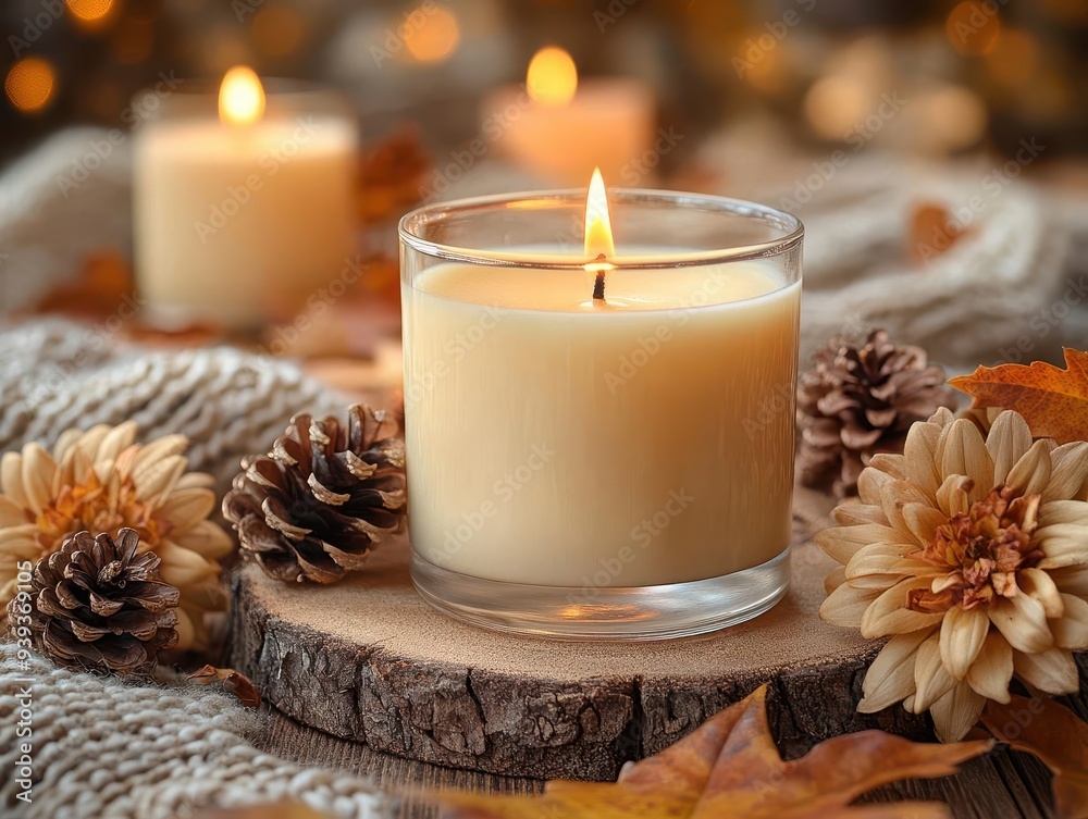 cozy autumn scene with a large vanillascented candle burning surrounded by dried leaves pinecones and warmtoned flowers on a rustic wooden surface cozy autumn scene with a large vanillascented candle burning surrounded by dried leaves pinecones and warmtoned flowers on a rustic wooden surface