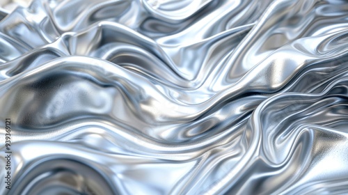 Close-up of smooth, shiny, and flowing silver metallic texture with abstract ripples and folds, creating a sleek and modern design.