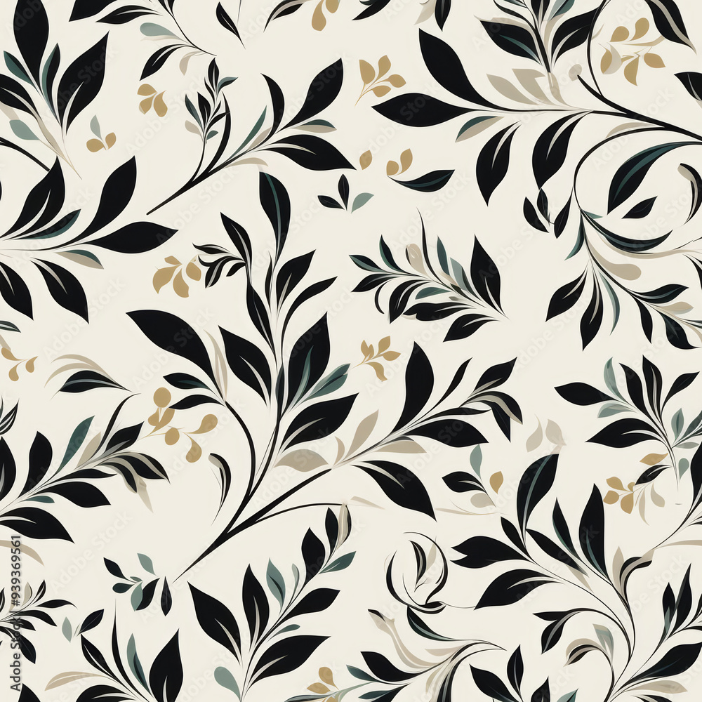 Seamless pattern with black, teal, and gold leaves on a cream background. Seamless pattern with black, teal, and gold leaves on a cream background.