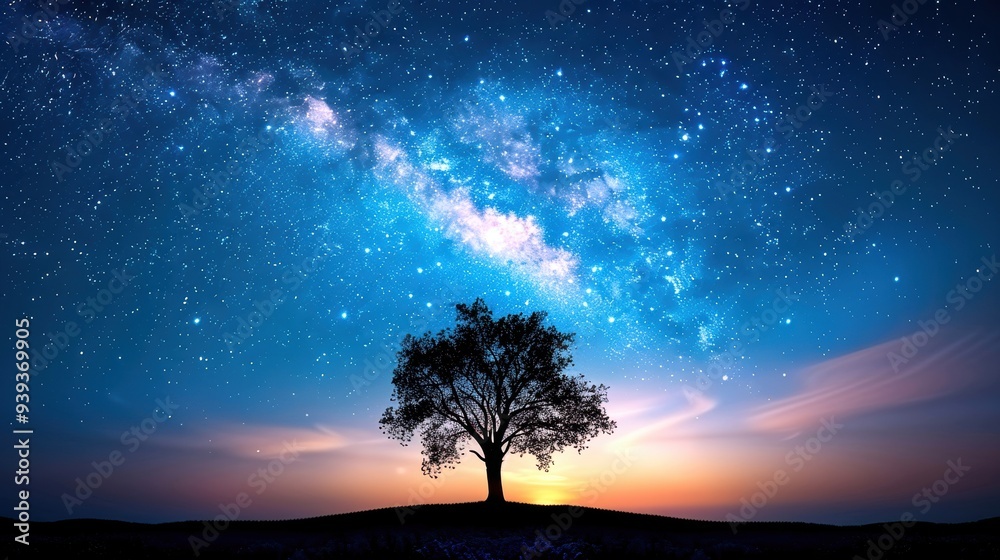 Lone tree silhouetted against a starry sky with the Milky Way visible above, capturing the beauty of nature and the cosmos. Lone tree silhouetted against a starry sky with the Milky Way visible above, capturing the beauty of nature and the cosmos.