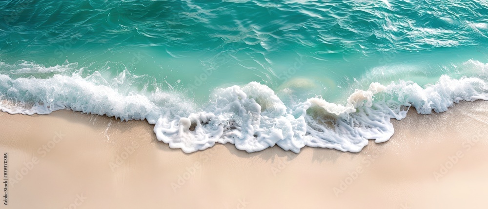 Aerial view of a turquoise ocean wave gently crashing onto a sandy beach, creating a serene and tranquil seaside landscape.
