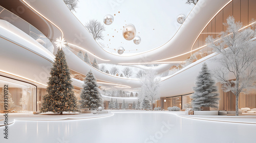 rendering of commercial Instagrammable spot design for shopping mall, exterior design, innovative design, simple, fresh, modern, white red green, dezeen design, gorgeous Christmas tree, photo