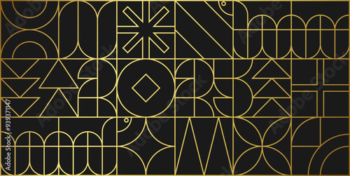 Outline abstract background with Chinese New Year 2025. Numbers and snake made of geometric shapes in retro style in black and gold. Seamless pattern. Vector EPS10	
