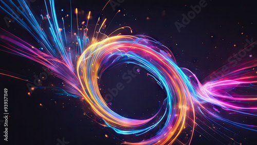 Dynamic display of colorful light trails and bursts with rhythmic fluid animations at night. Generative AI