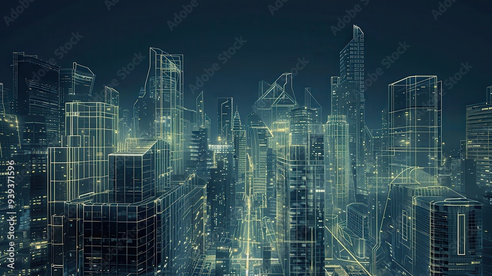 Futuristic city skyline at night, composed entirely of glowing wireframes, detailed skyscrapers with intricate geometric patterns, dark background Futuristic city skyline at night, composed entirely of glowing wireframes, detailed skyscrapers with intricate geometric patterns, dark background