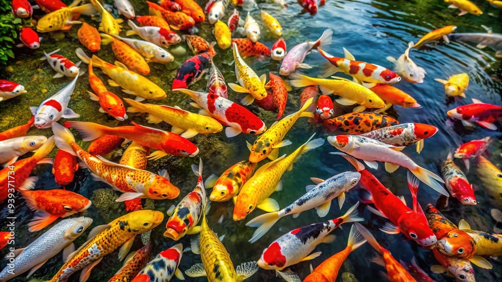 Fototapeta premium Vibrant koi fish with stunning red, yellow, orange, black, and white hues swim peacefully in a serene fish pond, creating a soothing ambiance in a garden oasis.