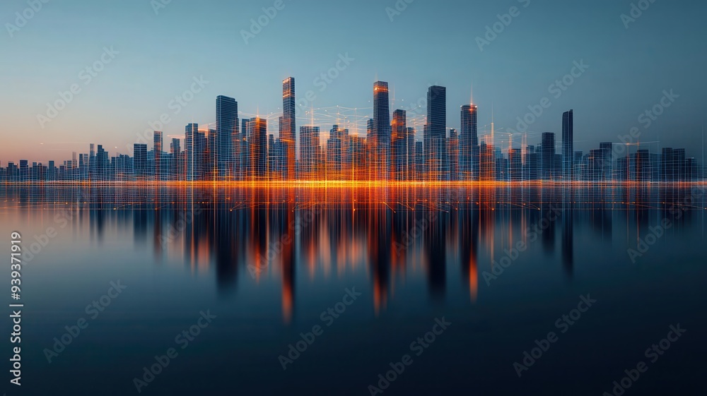 Fototapeta premium Wireframe cityscape reflected on river, merging reality and digital elements 