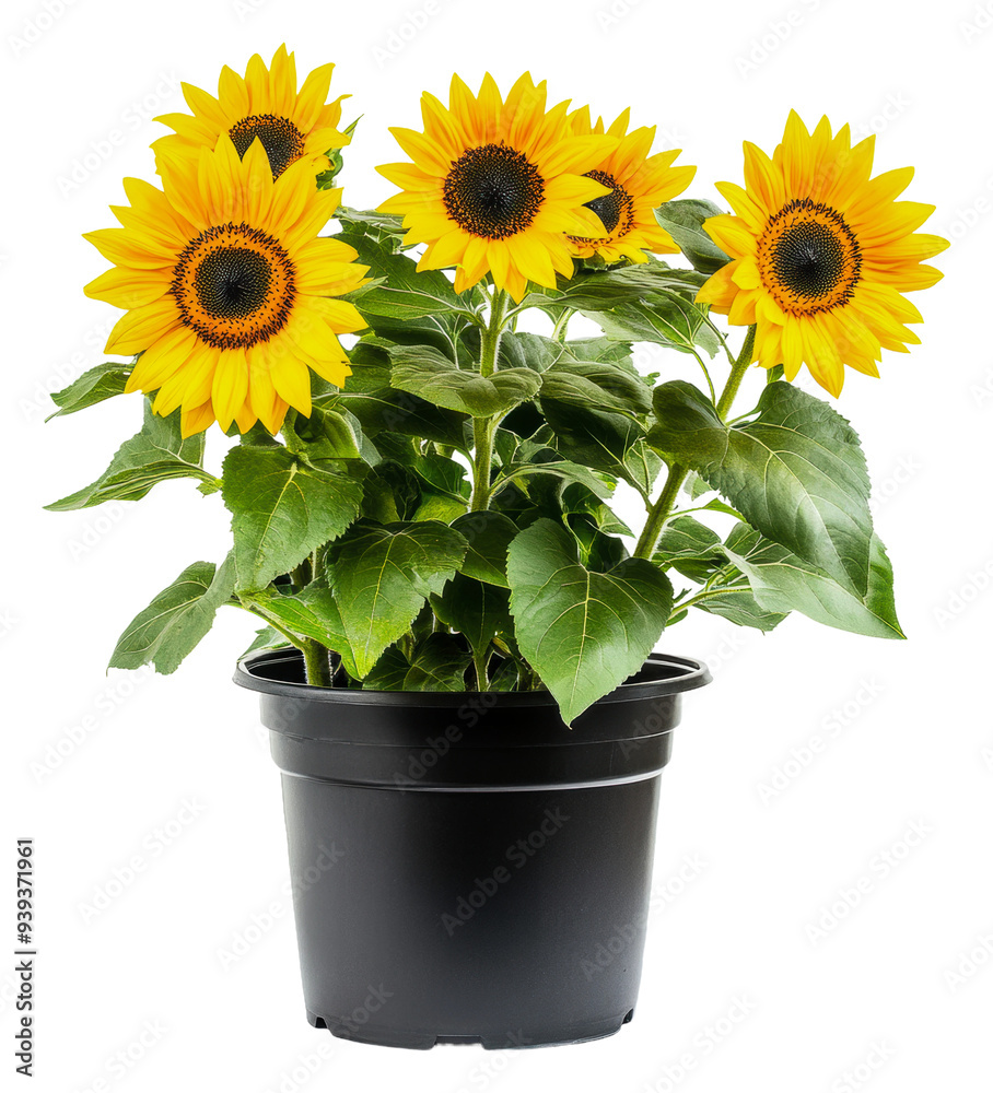 Obraz premium PNG Bright sunflowers thriving in a black pot indoors