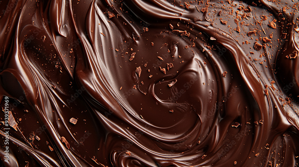 A close-up of swirling melted chocolate with rich textures and creamy layers background