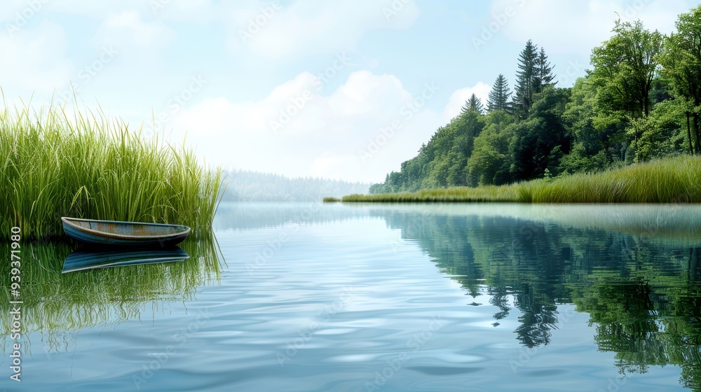 Obraz premium Serene lakeside view with a small boat among reeds, calm water reflecting the sky, and lush greenery under a peaceful blue sky.