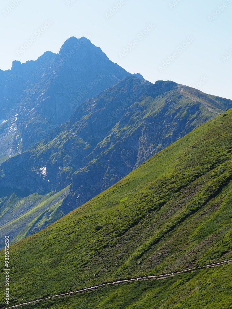 A majestic mountain peak rises above a green hillside, bathed in sunlight, highlighting the ruggedness and beauty of the natural landscape. A majestic mountain peak rises above a green hillside, bathed in sunlight, highlighting the ruggedness and beauty of the natural landscape.