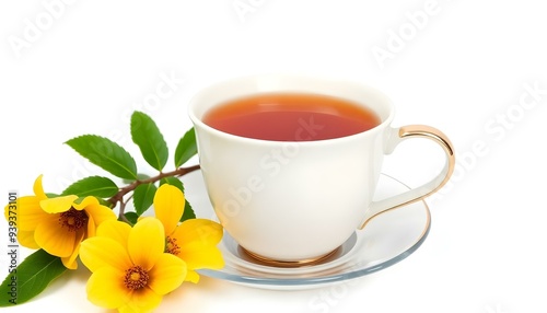 A cup of English tea and flowers on a white background