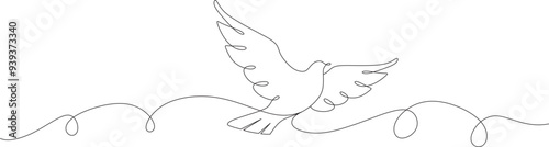 White dove in line art drawing. Bird symbol of peace and freedom in simple lineart style