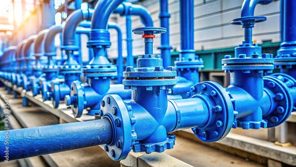 Modern blue taps with valve control, connected to a drinking water pipeline, highlighting the importance of clean water infrastructure in urban planning and management. Modern blue taps with valve control, connected to a drinking water pipeline, highlighting the importance of clean water infrastructure in urban planning and management.