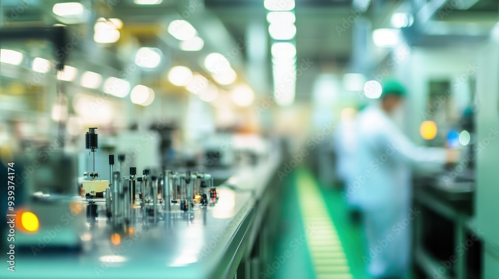 A blurred view of a laboratory or manufacturing space with equipment and personnel. A blurred view of a laboratory or manufacturing space with equipment and personnel.
