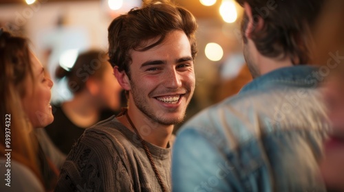 A young adult smiling with friends at a social gathering