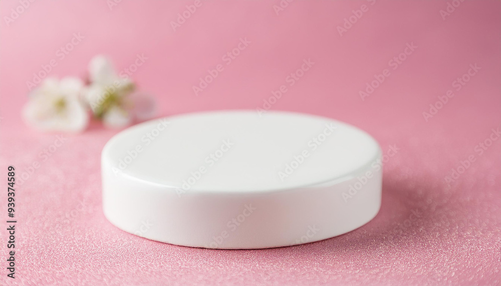 White ceramic podium. Scene for product presentation on pink backdrop. White ceramic podium. Scene for product presentation on pink backdrop.
