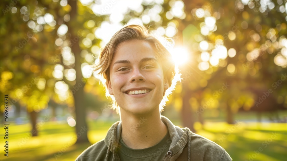 A young adult smiling at the camera in a park with sunlight filtering through trees A young adult smiling at the camera in a park with sunlight filtering through trees