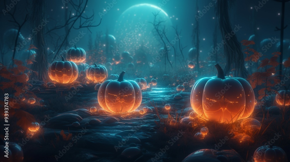 Digital art Halloween illustration, surreal floating pumpkins, cosmic background, glowing neon elements, 3D render style Digital art Halloween illustration, surreal floating pumpkins, cosmic background, glowing neon elements, 3D render style