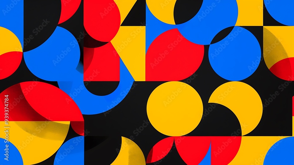 Bright geometric abstraction with overlapping Circles, triangles and squares in bold primary colors - red, blue and yellow. Black background Bright geometric abstraction with overlapping Circles, triangles and squares in bold primary colors - red, blue and yellow. Black background
