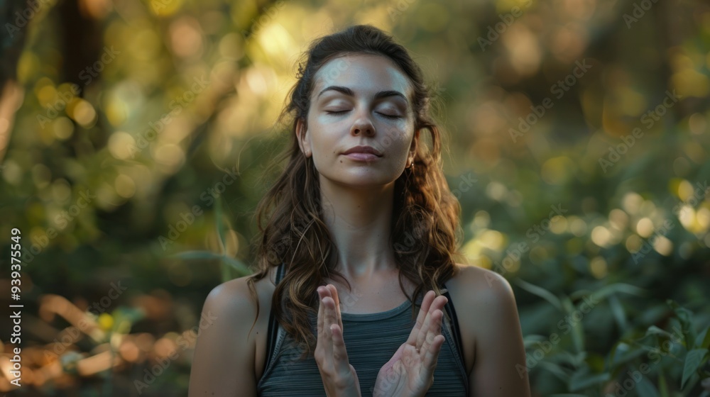 A young adult woman doing yoga in a serene outdoor setting A young adult woman doing yoga in a serene outdoor setting