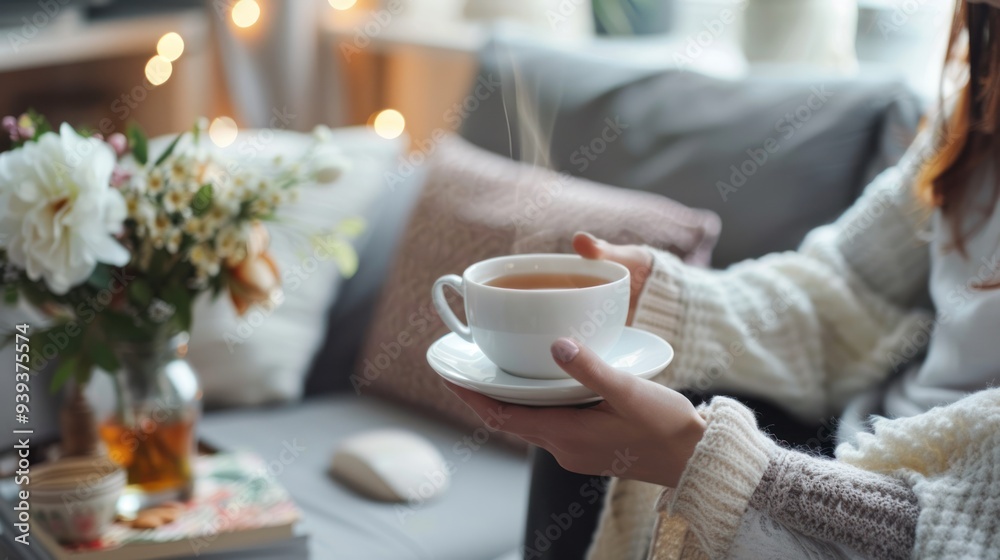 A young adult woman enjoying a cup of tea in a stylish living room A young adult woman enjoying a cup of tea in a stylish living room