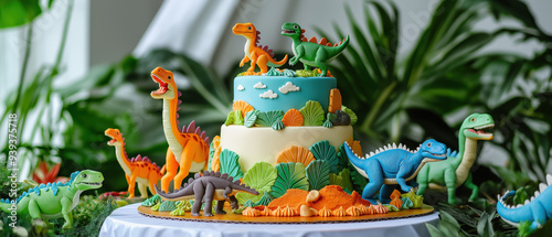 A colorful dinosaur-themed cake surrounded by playful dinosaur decorations, perfect for a child's birthday celebration.
