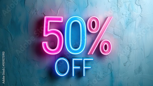 Neon sign displaying '50% OFF' on a blue textured background, ideal for promotional and discount campaigns.