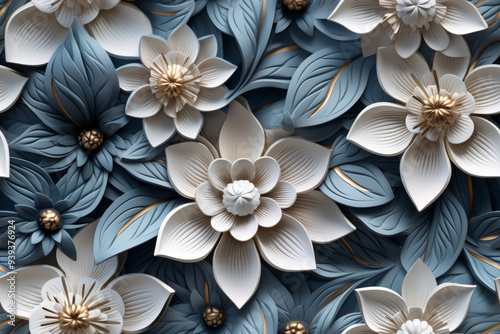 A close-up of a white and blue 3D floral pattern.