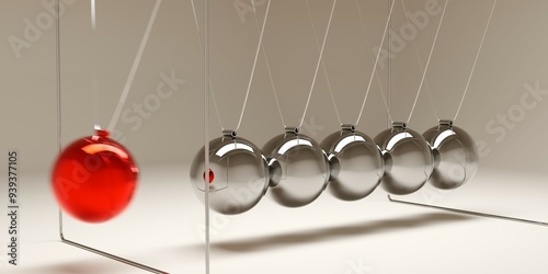 Obraz na plátně Newton's cradle with moving red ball over brown background, idea, impulse or sta