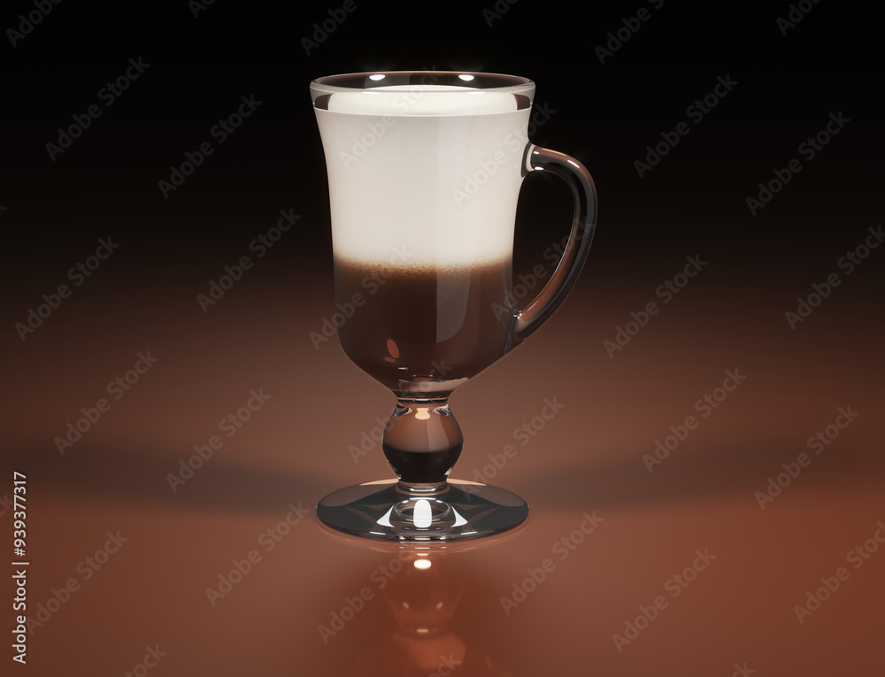Close-up of realistic irish coffee glass. Transparent glass of cappuccino coffee. 3d illustration on brown
background Close-up of realistic irish coffee glass. Transparent glass of cappuccino coffee. 3d illustration on brown
background