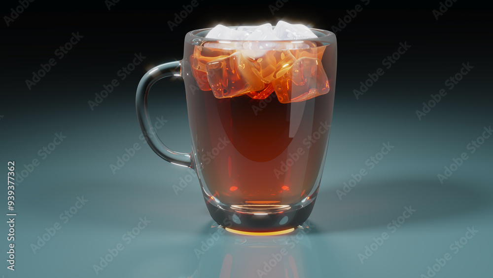Close-up of realistic glass mug of tea or juice with ice cubes. 3d illustration on blue background Close-up of realistic glass mug of tea or juice with ice cubes. 3d illustration on blue background