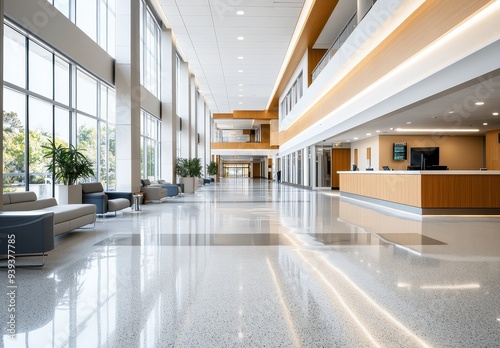 Modern Lobby with Glass Walls and Gleaming Floors