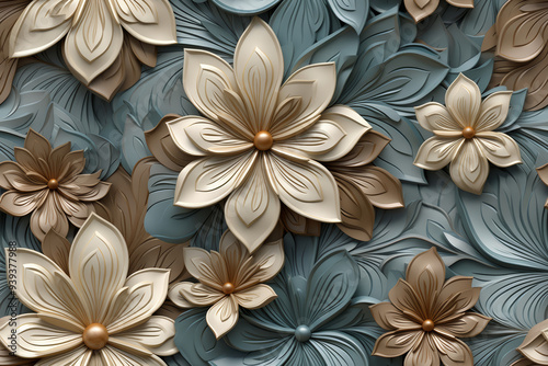 A seamless pattern of 3D beige and brown flowers with golden centers on a blue background.