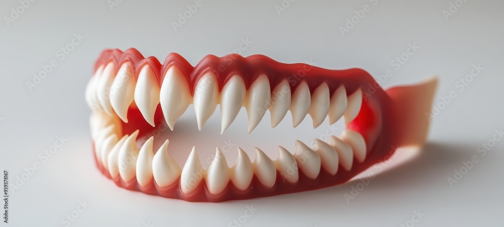 Obraz premium A set of plastic vampire fangs with bright white teeth and a hint of red