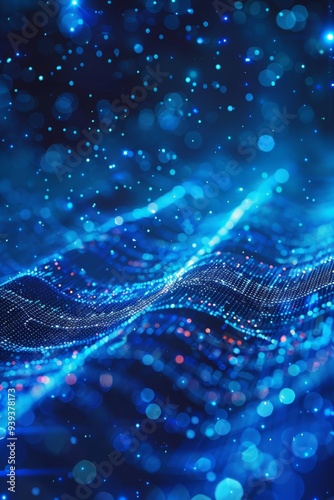 A mesmerizing wave formed by blue and white particles flowing within a digital environment, illuminated by glowing dots, symbolizing data flow. photo