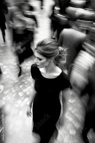 Blurred image of a woman in black dress in a crowd of moving people. Black and white image of a woman in a crowd with motion blur and high grain.