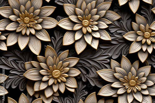 A seamless pattern of 3D gold and grey flowers on a black background.