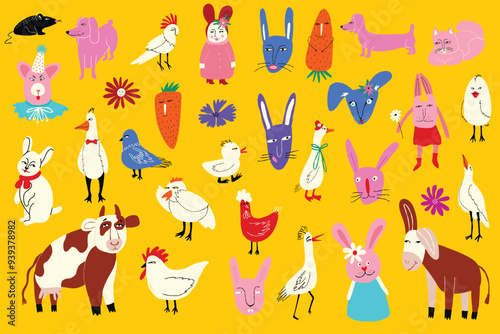 Vibrant cartoon comic Easter characters and farm animals. Funky bizarre characters in modern flat hand drawn style
