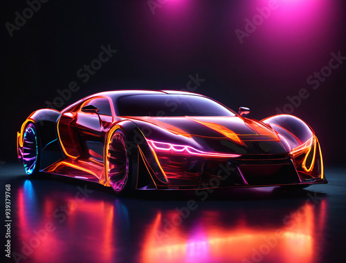 Neon futuristic self driving sports car concept