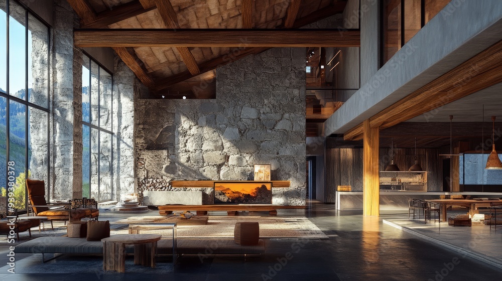 Spacious modern living room with high wooden ceilings, large windows, and stone fireplace, showcasing elegant, rustic interior design. Spacious modern living room with high wooden ceilings, large windows, and stone fireplace, showcasing elegant, rustic interior design.