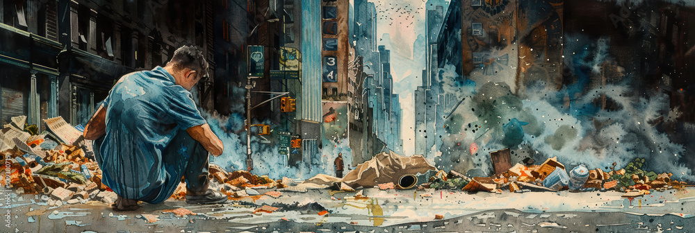 Man sitting amidst urban devastation, surrounded by wreckage and smoke, depicting desolation and aftermath. Man sitting amidst urban devastation, surrounded by wreckage and smoke, depicting desolation and aftermath.