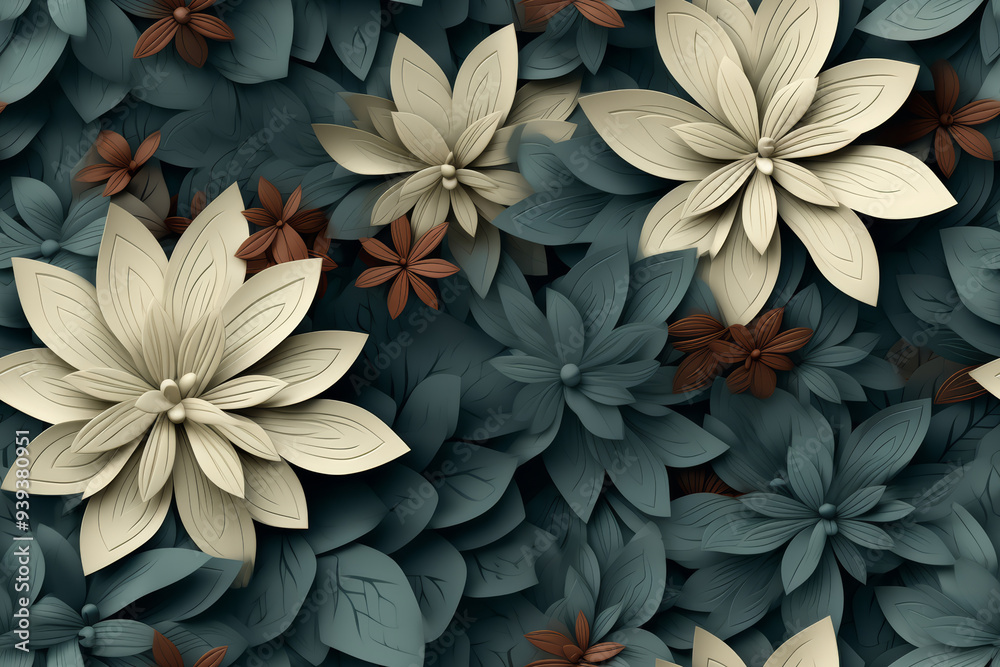 A seamless pattern of paper flowers in shades of white, brown, and blue. A seamless pattern of paper flowers in shades of white, brown, and blue.