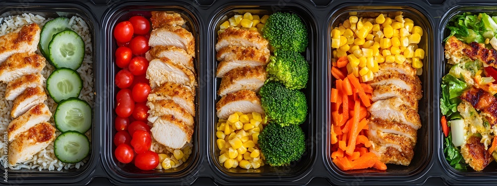 A photo of various meal boxes filled with chicken, vegetables, and fruits arranged neatly in black plastic containers A photo of various meal boxes filled with chicken, vegetables, and fruits arranged neatly in black plastic containers