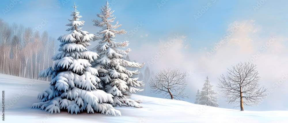 Scenic winter landscape with snowy trees and a clear sky, perfect for holiday and seasonal designs. Scenic winter landscape with snowy trees and a clear sky, perfect for holiday and seasonal designs.