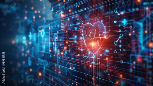 A heart symbol on a digital circuit board background, illustrating the intersection of technology and healthcare innovations.